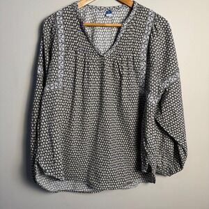 Old Navy Women's Large-Tall Black White Floral Print Boho Blouse Peasant Cottage